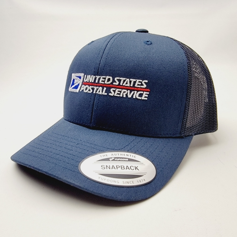 Post Office Mailman Person Trucker Mesh Snapback Cap Hat Navy Blue Embroidered